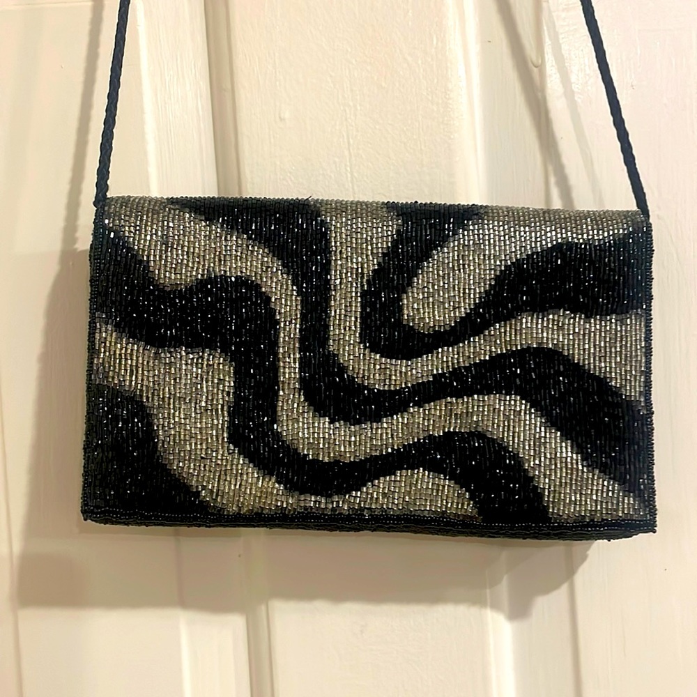 Brand New Without Tags Women's Black & Silver Beaded Clutch Evening Bag